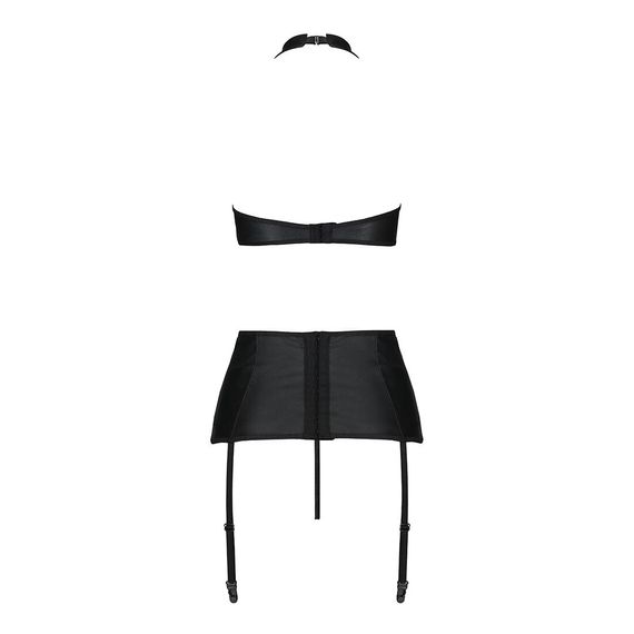 Комплект з еко-шкіри з імітацією шнурівки Passion NANCY SET L/XL black топ, трусики, пояс для панчіх | Зображення 3