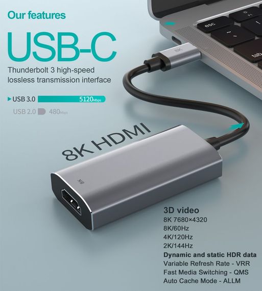 Адаптер-перехідник USB Type-C на HDMI Choetech HUB-H16-GY | Зображення 3