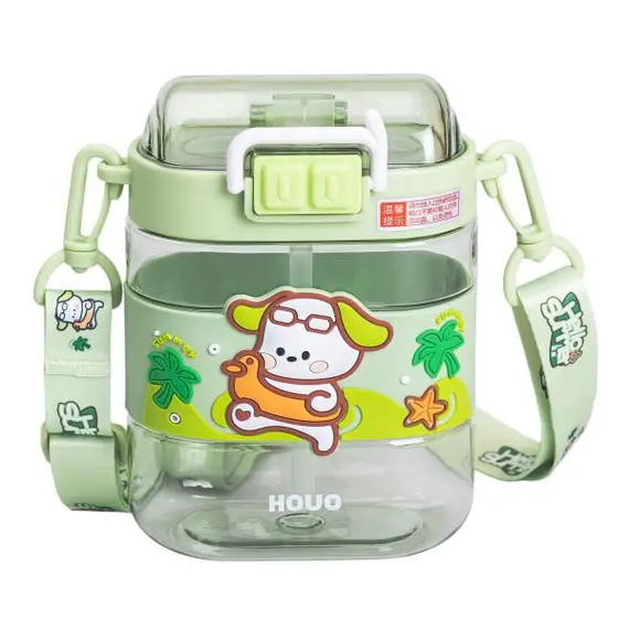 Пляшка для води дитяча з трубочкою та ремінцем 560 мл пляшечка для пиття в школу 15 см Зелена HP-14-36GR