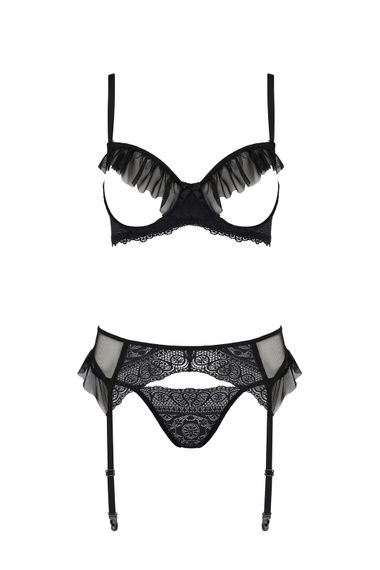 Комплект Passion KERRIA SET WITH OPEN BRA black, L/XL, бюстгальтер с открытой чашкой, стринги, пояс для чулок | Зображення 2