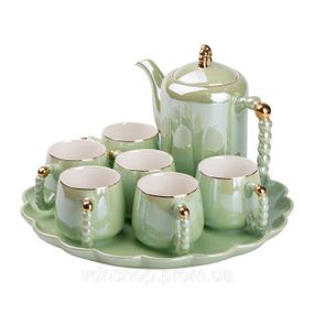 Чайный набор на 6 персон с заварочным чайником и фарфоровой подставкой Зеленый HP-15-8