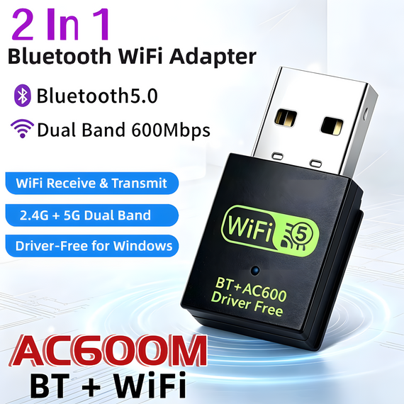 USB Wi-Fi Bluetooth адаптер 600 Mbps дводіапазонний BT5.0 2 в 1 | Зображення 1