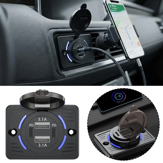 Вбудовна автомобільна зарядка 4 порти Dual PD + Dual USB з кришкою | Зображення 1