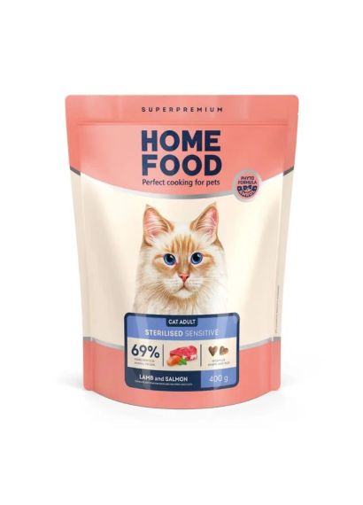 Сухий корм HOME FOOD Sensitive digestion для стерилізованих/кастрованих дорослих котів з чутливим травленням з ягнятиною та лососем, 400 г