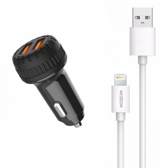 Автомобильное зарядное устройство MOXOM (MX-VC02) с кабелем Lightning 2USB/2.4A Черный | Зображення 1