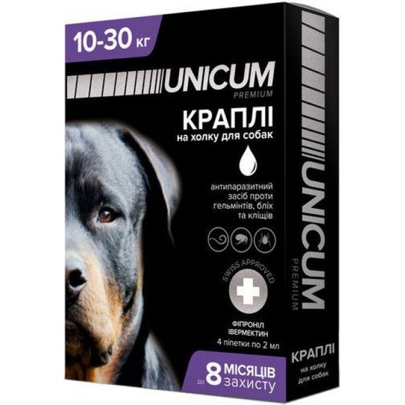 Капли от блох, клещей и глистов для собак 10-30 кг Unicum Complex, 4 пип