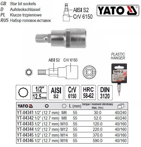 Головка торцева вставка SPLINE 1/2" M8х55 мм Польща YATO YT-04342