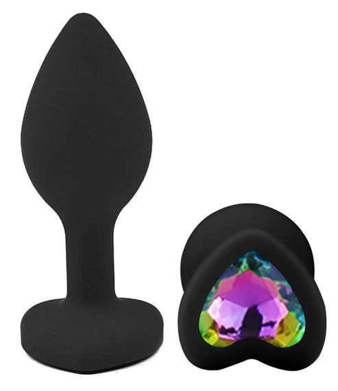 Силіконова анальна пробка EGZO Black Heart Plug S з райдужним кристалом, чорна Sex Aura | Зображення 1