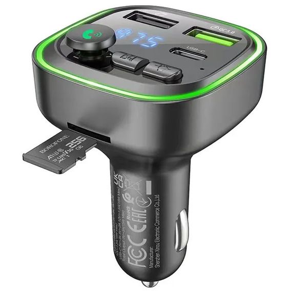 АЗУ FM модулятор Borofone BC48 Broad 18W+QC3.0 (2USB-A/1C) Black | Зображення 1