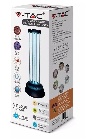 Кварцевая бактерицидная лампа V-TAC VT-3239 UVC 38W, УФ+Озон, 60м2, датчик движения, таймер, чёрный (11208) | Зображення 1