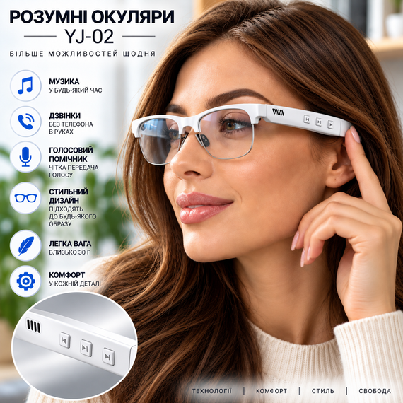 Розумні окуляри ANKRIYUL YJ-02, біла оправа, прозорі лінзи, Bluetooth 5.4, вбудовані динаміки та мікрофон, заряджання Type-C | Зображення 9