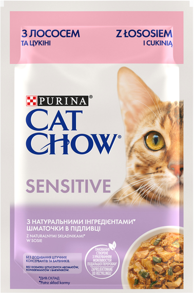 Вологий корм Purina CAT CHOW Adult для дорослих котів із чутливим травленням, лосось і цукіні 85г