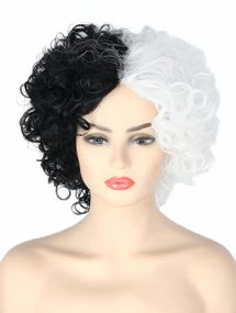 Коротка жіноча кучерява перука Круелла Де Віль Чорно-біла, термостійка, на Хелловін, косплей, корпоратив Topcosplay