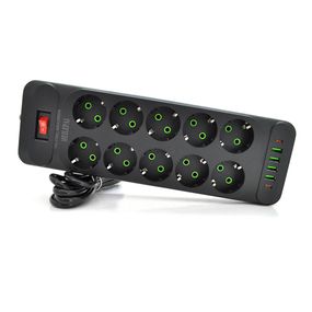 Сетевой фильтр F35U, 10 розеток EU + 4 USB + 2 PD, кнопка включения с индикатором, 2 м, 3х0,75 мм, 2500W, Black, Box