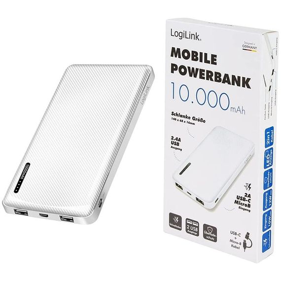 Повербанк LogiLink White 10000mAh MicroUSB+Type-C кабель