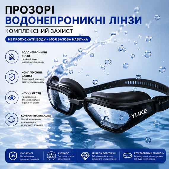 Окуляри для плавання дорослі YLIKE панорамні з антифогом та UV-захистом, чорні | Зображення 5