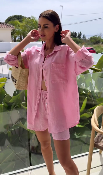 Женский летний костюм двойка шорты и рубашка LY25028 цвет розовый, размер 46/48 | Зображення 1