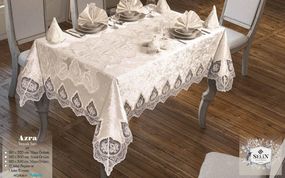 Велюровая скатерть с ранером Selin Azra Set 160×220+12 салфеток Бежевая
