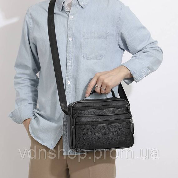 Чоловіча шкіряна сумка-барсетка 23х19х7, месенджер із ручкою та ременем через плече BX-10041 чорний | Зображення 2