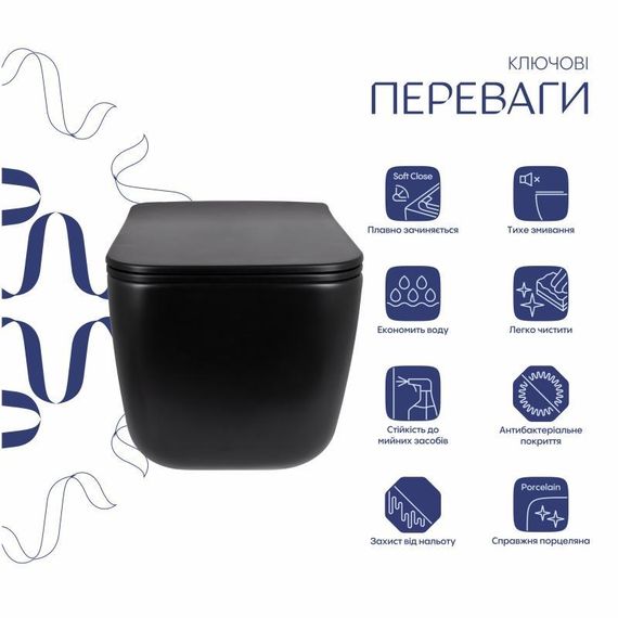 Унітаз підвісний Qtap Gemini Ultra Quiet 485×340×350 мм, Matt Black, з сидінням Slim Duroplast / Soft-close / Quick Release | Зображення 2