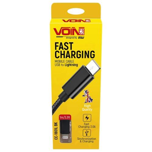 Кабель VOIN USB - Lightning 3А, 1m, black (швидка зарядка/передача даних) | Зображення 1