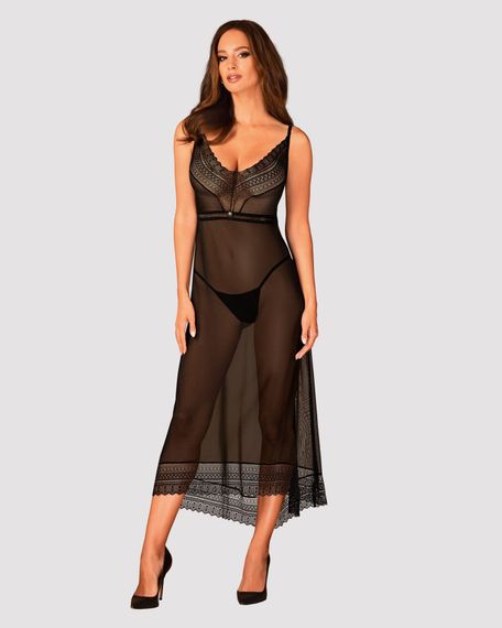 Напівпрозора довга сорочка Obsessive Estiqua chemise M/L, чорний, асиметричний крій | Зображення 2