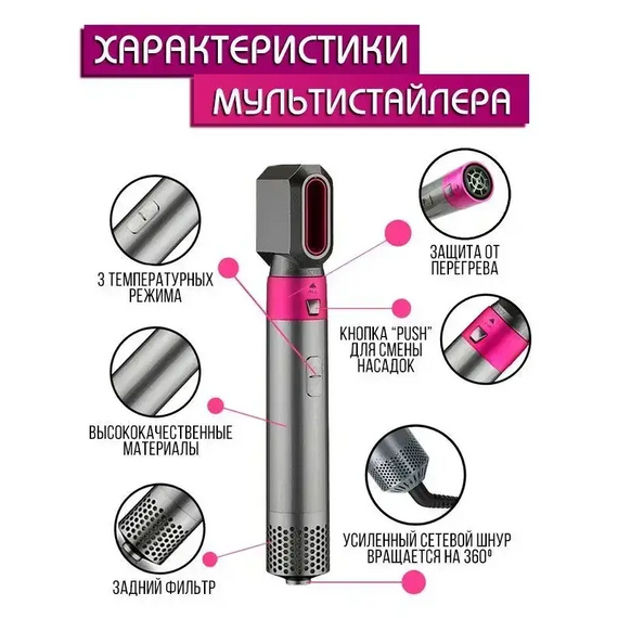 Фен для волосся 5 в 1 + шкіряний кейс DYSON, Мультистайлер для укладання з насадками   знижка | Зображення 4