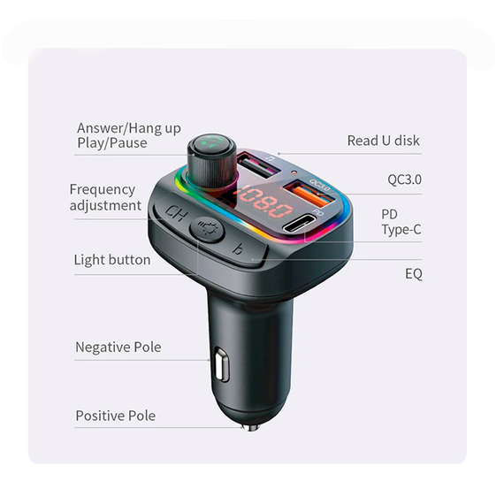 Автомобильный FM ФМ модулятор Terra С14, Bluetooth 5.0, трансмиттер, быстрая зарядка QC 3.0 | Зображення 3