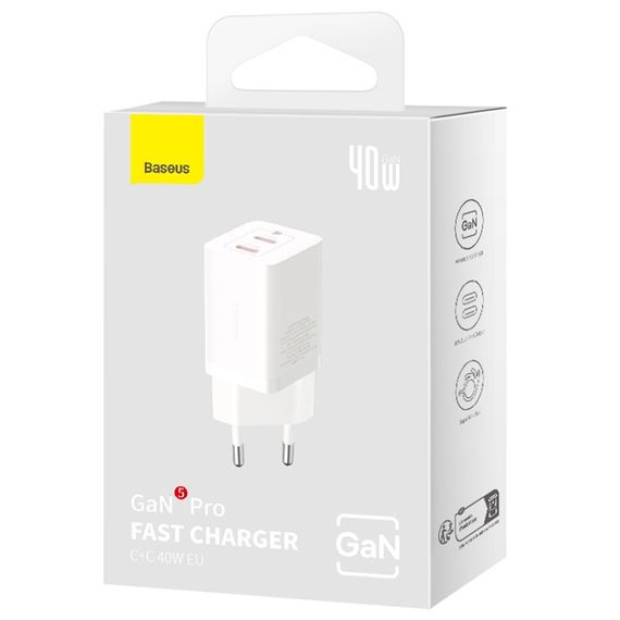 МЗП Baseus GaN5 Pro OS + Type-C to Type-C 40W (CCGP18010) White | Зображення 6