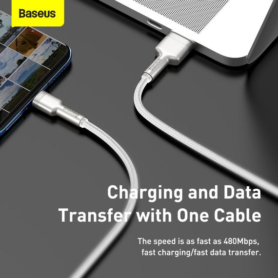 Дата кабель USB 3.1 AM to USB-C 2.0m 6.0A 66W Cafule Series Metal White Baseus (CAKF000202) | Зображення 3