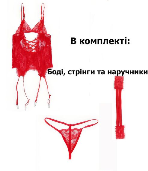 Комплект сексуальної жіночої білизни червоного кольору, корсет наручники, стрінги (розмір XL) | Зображення 3