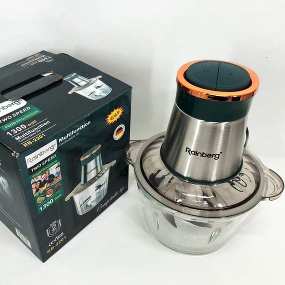 Блендер стаціонарний Rainberg RB-2201 кухонний подрібнювач 1300W чаша скляна на 2 л подвійне лезо чоппер | Зображення 3