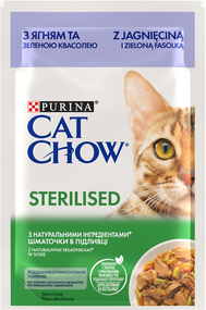 Вологий корм Purina CAT CHOW Sterilised для дорослих стерилізованих котів, ягня та зелена квасоля 85г