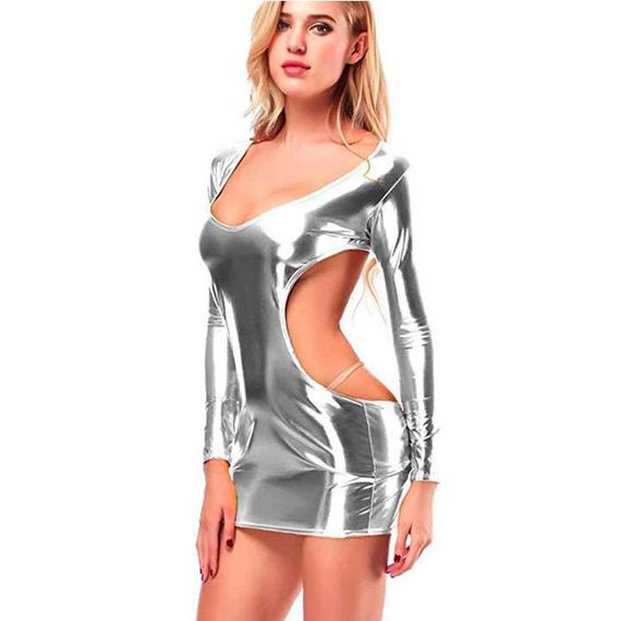 Сексуальное блестящее мини-платье из кожзама - XS/S - серебро | Зображення 2