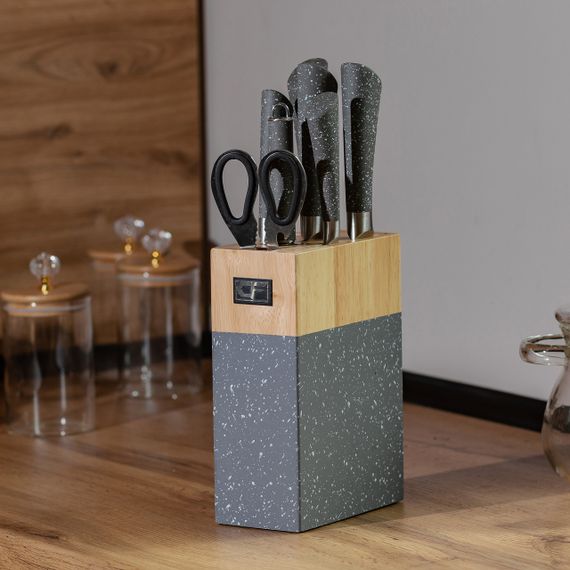 Набор кухонных ножей с ножницами и мусатом для кухни 5 штук 33.5/30/31/24.5/21.5 см серый HP27479C | Зображення 1