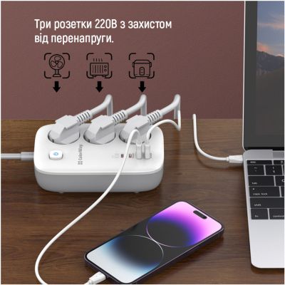 Сетевой фильтр питания ColorWay CW-CHE34PDW 3 розетки/4USB (CW-CHE34PDW) | Зображення 6