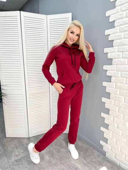 Женский теплый спортивный костюм на флисе худи и штаны, GF5701 цвет бордовый, размер 54/56