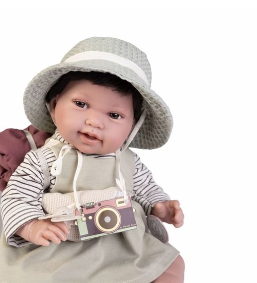 Испанская Кукла Реборн Antonio Juan Виниловая Мягкая Девочка Брюнетка Путешественница со Спальным Мешком 42 см | Зображення 1