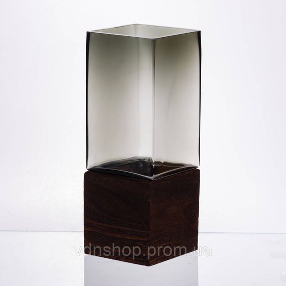 Скляна декоративна ваза квадратна, стильна ваза скло з деревом для квітів прозора HP-32-8