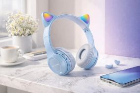 Беспроводные наушники с кошачьими ушками и лед подсветкой Cat Ear Y47 Led, Bluetooth наушники с микрофоном Голубой