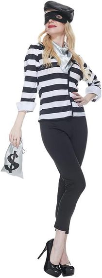 Жіночий костюм грабіжниці  46-48 L розмір комплект бандитки топ у смужку, штани маска, шапка, сумка, образ для Хелловіну карнавалу | Зображення 1