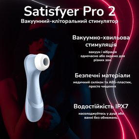 Вакуумний кліторальний стимулятор Satisfyer Pro 2 — безконтактна Air Pulse, 11 рівнів, IPX7, голубий, USB