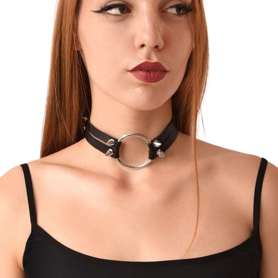 Чокер із металевим кільцем та шипами з натуральної шкіри Art of Sex - Ruby, колір Чорний sexstyle