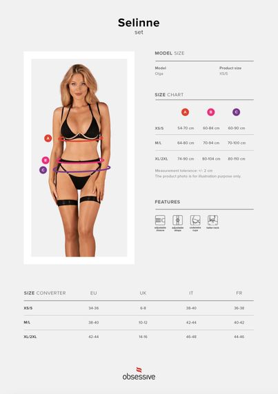 Комплект білизни Obsessive Selinne 3-pcs set XL/2XL Black, бюстгальтер, стрінги пояс для панчіх | Зображення 4
