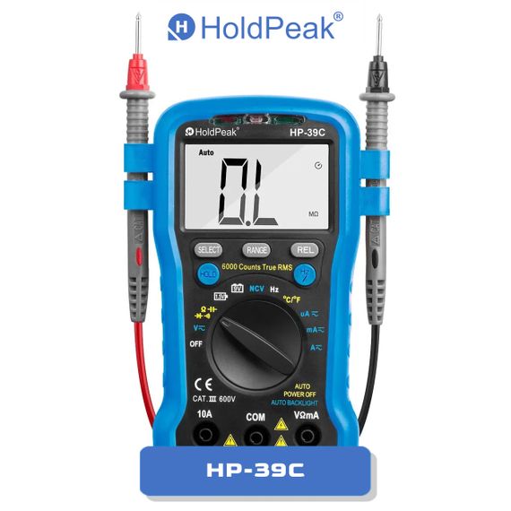 Мультиметр HoldPeak HP-39C компактный цифровой (TrueRMS 6000 отсчетов 600В 10А AC/DC 60МОМ 60mF 1000°C 10MHz N