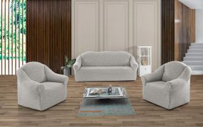 Жаккардовый чехол на диван + 2 кресла Stone без юбки кремово-серый