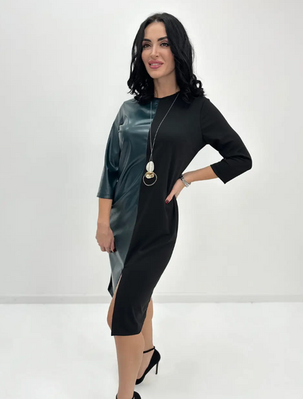 Женское красивое нарядное платье с экокожей GF8977 размер 50/52 цвет черный с зеленым