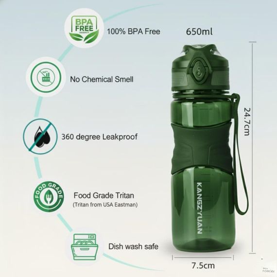 Пляшка KANGZYUAN 650 мл — Зелена Tritan BPA-free, ударостійка, спортивна з ергономічною кришкою | Зображення 6