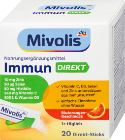 Витамины Mivolis Immun Direkt - иммунная поддержка в стиках без воды, витамин C, D, цинк, селен, гистидин