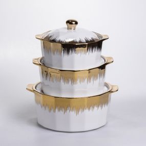Набір супниць порцелянових 3 (шт) 1.5/2/3 (л)  каструлі бульйонниці з кришкою та ручками для дому та ресторану з позолотою
